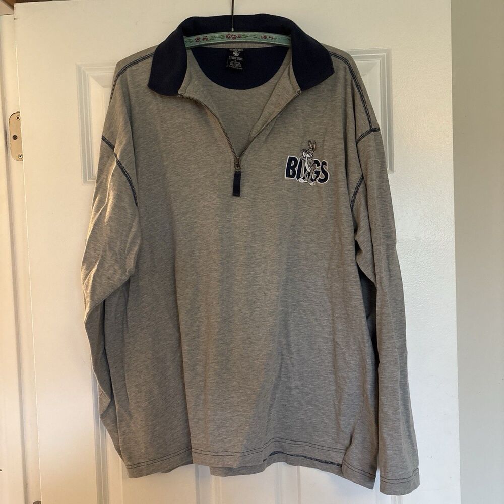 Vintage 90S Warner Brothers Looney Tunes Bugs Embroidered Quarter Zip Grey  XL